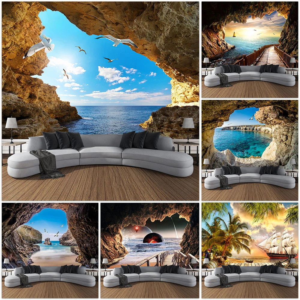 Home Gym Decor - Montanha caverna paisagem tapeçaria oceano pássaros